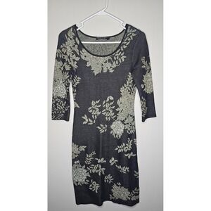 Peruvian Connection Kashmiri Pima Cotton Dress Gray Green Floral Jacquard XS